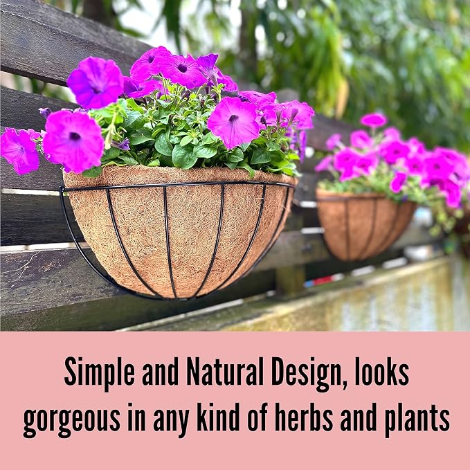 LaLaGreen Wall Planters for Outdoor Plants (2 Pack, 14 Inch) Large Hanging Planter with Coco Liner, Metal Round Wire Flower Basket Outside Fence Railing Plant Pots Holder Deck Porch Balcony Decor