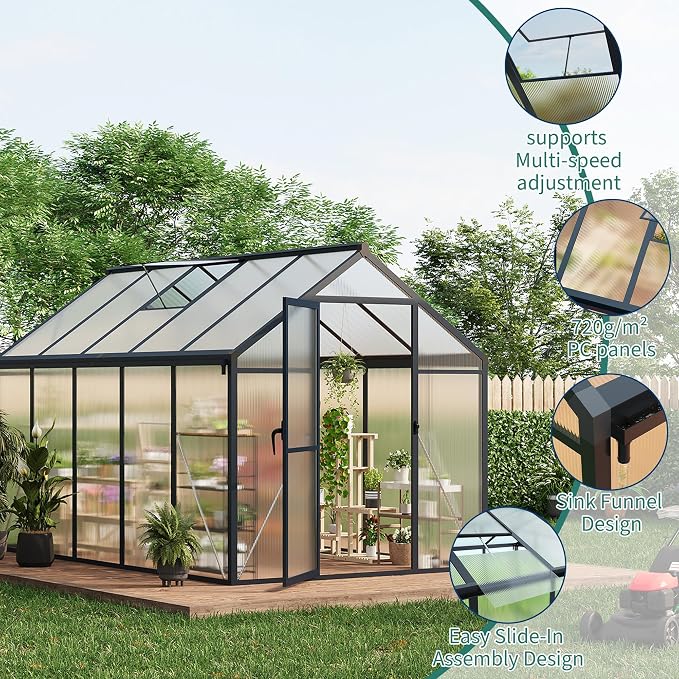 Garvee 6x10ft Walk-in Greenhouse, Heavy Duty Large Outdoor Green House | Polycarbonate Garden Greenhouse with Roof Vent, Lockable Outward-Opening Swing Door & Aluminium Frame for Backyard, Grey