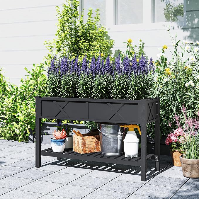 Outsunny Raised Garden Bed, Elevated Wood Planter Box with Storage Shelf, Drainage Holes and Liner for Backyard, Patio, Balcony, 47 x 22 x 31.5 in, Black