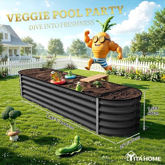 YITAHOME 8x2x1.5ft Galvanized Oval Raised Garden Bed, Metal Planter Box with Safety Rubber, Gloves, Outdoor Flower Bed for Planting Plants Vegetables, Black