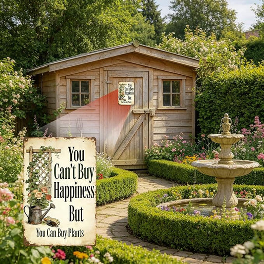 Funny Garden Metal Signs, Vintage Outdoor Wall Decor 8x12 Inch | Can't Buy Happiness But Buy Plants, Weatherproof Aluminum Sign for Patio Yard Greenhouse, Gift For Gardeners