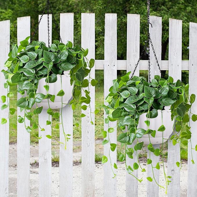 YIKUSH 12 Inch Hanging Planters for Outdoor Plants, 2 Pack Plastic Hanging Flower Pots with Drainage Hole & Tray, Hanging Basket Style Pots for Porch Patio Balcony Decor (White)
