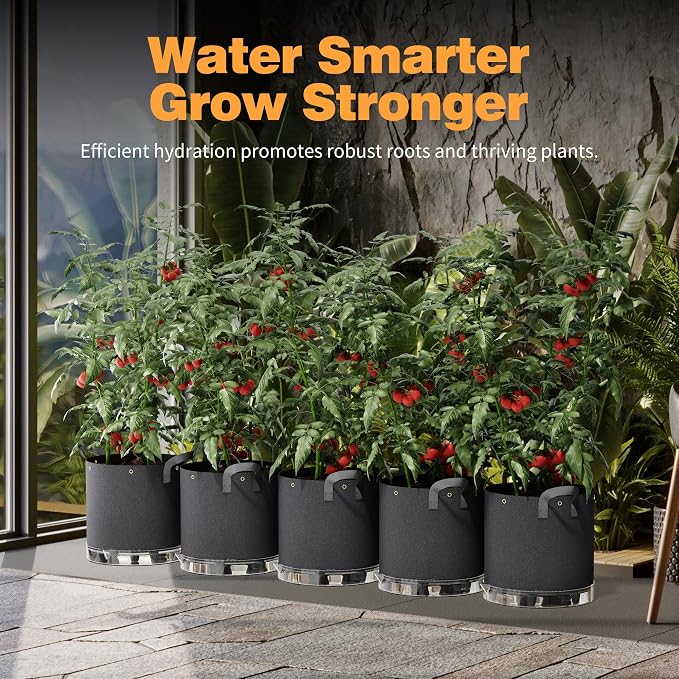 Patigrow Self-Watering Grow Bags, 5-Pack 5 Gallon 420G Thick Nonwoven Fabric Pots with Reinforced Handles and Multi-Purpose Rings, for Low Stress Plant Training Fruits, Vegetables,and Flowers