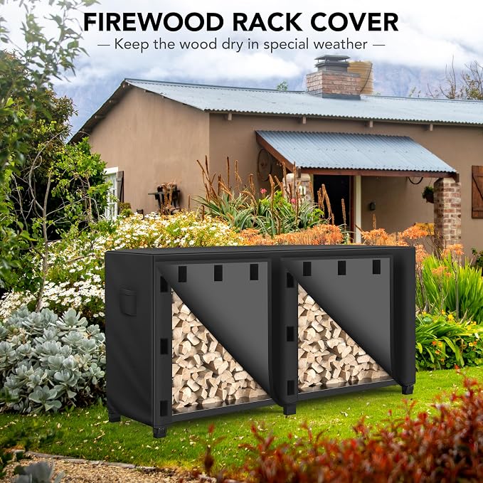 WLEAFJ 8 foot Outdoor Firewood Rack Cover Waterproof, Log Rack Cover, Wood Cover for Log Holder, 96" W x 24" D x 41" H, Black