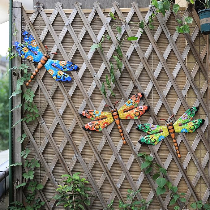 Metal Dragonfly Outdoor Wall Decor,Patio Fenxce Wall Art,Hanging Decorations for Living Room,Bedroom,3 Pack