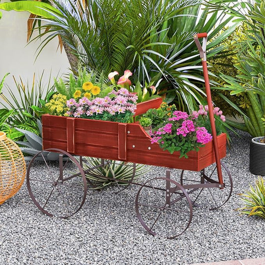 HAPPYGRILL Wooden Wagon Planter, 24.5” x 13.5” x 24” Decorative Garden Planter w/ 2 Planting Sections, Wheels, Handle, Small Decorated Cart, Flower Planter Box for Indoor Outdoor Patio (Red)