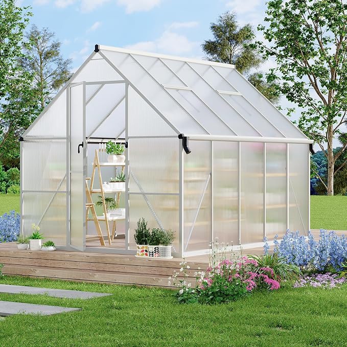 GarveeLife 8X10FT Polycarbonate Greenhouse with Aluminum Frame, Polycarbonate Greenhouse for Outdoors, Greenhouses with Ventilation and Rain Gutter, Aluminum Large Walk-in Greenhouses for Outside