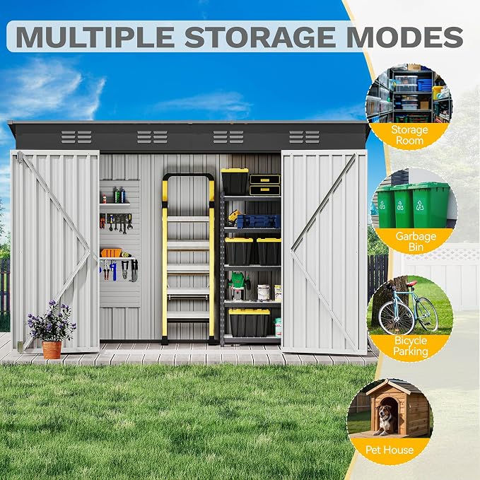 DWVO 8.5x3.5ft Large Outdoor Storage Shed, Metal Tool Sheds, Heavy Duty Tool Storage with Lockable Doors & Air Vent for Backyard Patio Lawn to Store Bikes, Tools, Lawnmowers, Dark Gray