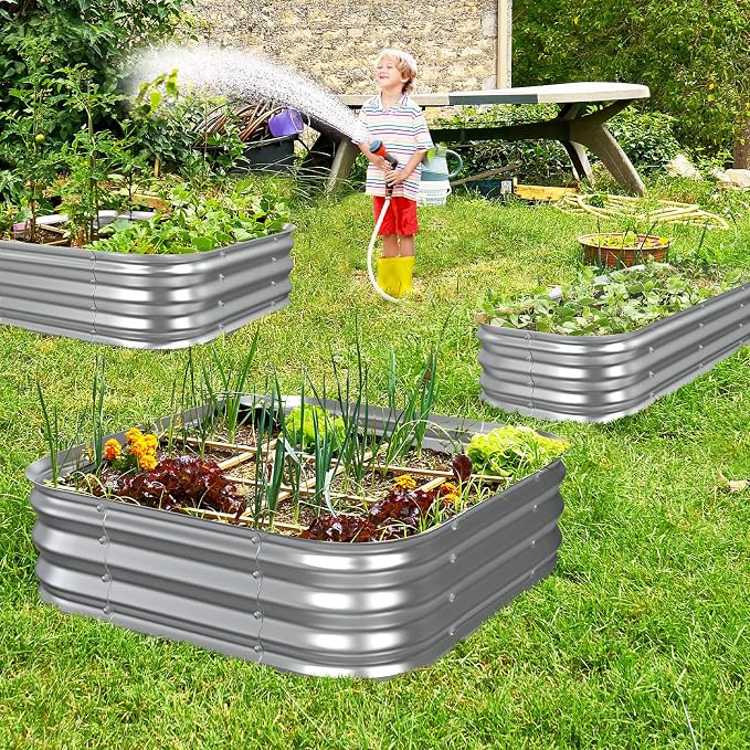 Square Galvanized Raised Garden Bed 4x4 ft – Heavy Duty Metal Planter Box for Vegetables & Flowers,Herb– 12" Deep Rust-Resistant Outdoor Gardening Bed with Easy Assembly, Above Ground (Silver)