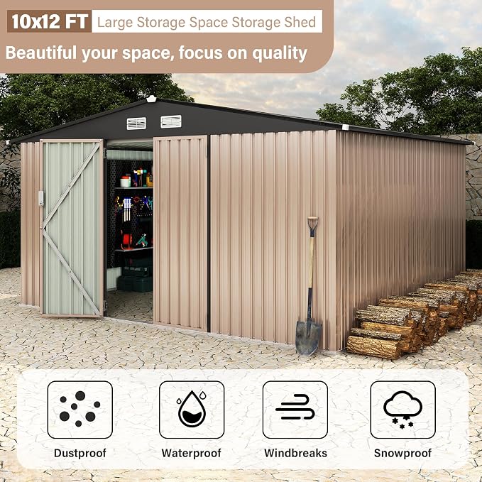 12X10 ft Outdoor Metal Storage Building, Outdoor Shed with Secure Lockable Door & Air Ventilation System, Premium Metal Tool Shed for Garden, Backyard, Patio, Ideal for Lawn Equipment & Tools