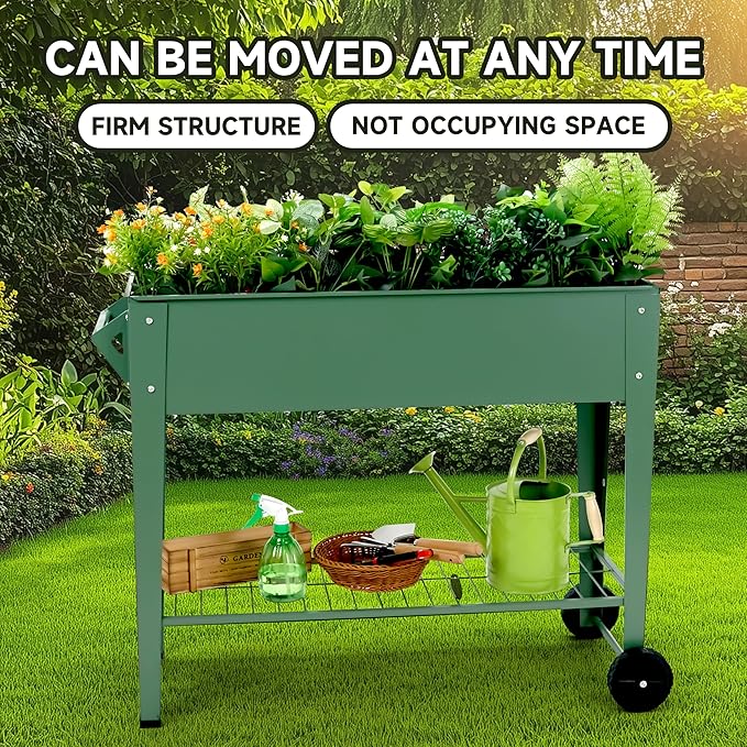 Raised Garden Bed with Legs and Wheels, Metal Outdoor, Green | Steel Frame, 400lb Capacity, 32in Tall No Bending, 2 Large Wheels, Bottom Shelf, Drainage Holes, Herb Vegetable Planter Box