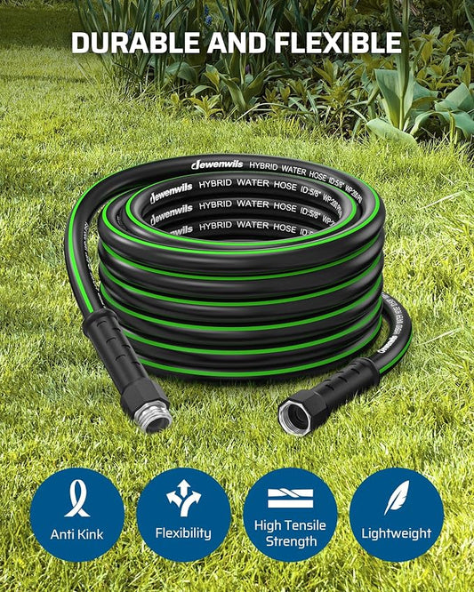 DEWENWILS Garden Hose 5/8" × 50ft, Heavy Duty, Flexible, Lightweight Hybrid Water Hose with Swivel Handle in Solid Aluminum Fittings, No Kink, CE & RoHS Listed, Black+Green