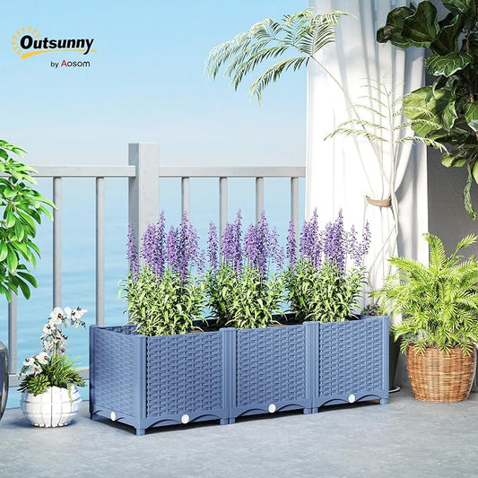 Outsunny 4 x 1 x 1 ft Raised Garden Bed, Indoor Outdoor Plastic Planter Box with Drainage Holes, Drain Plugs and Water Reservoirs for Vegetables, Herbs, Flowers & Succulents, Blue
