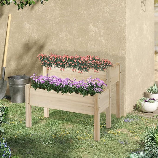 Outsunny 34"x34"x28" Raised Garden Bed, 2-Tier Elevated Wood Planter Box for Backyard, Patio to Grow Vegetables, Herbs, and Flowers, Natural