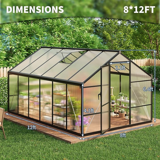 8x12 ft Walk-in Greenhouse, Polycarbonate Panels with Reinforced Aluminum Frame, Large Garden Green House for Planting and Seed Starting, Quick-Assembly Structure with Adjustable Roof Vent