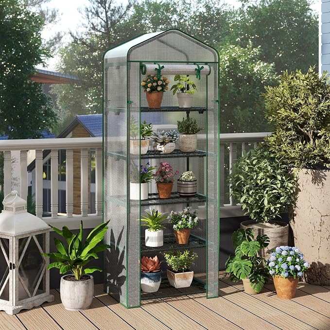 Giantex Mini Greenhouse Indoor Outdoor, 27" x 19" x 75" Portable Plant Grow House with 5 Tier Shelves, PE Cover, Roll-Up Zipper Door, Rustproof Elector-Coating Metal Frame for Patio Balcony Garden
