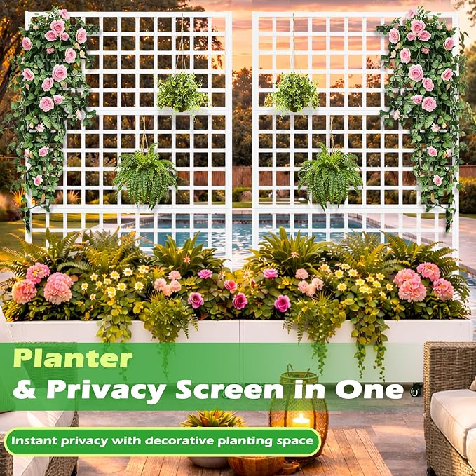 Metal Raised Garden Bed with Grid Trellis and Wheels, 43” L x 16” W x 71” H Privacy Screen for Climbing Plants, Metal Planter Box with Drainage Holes