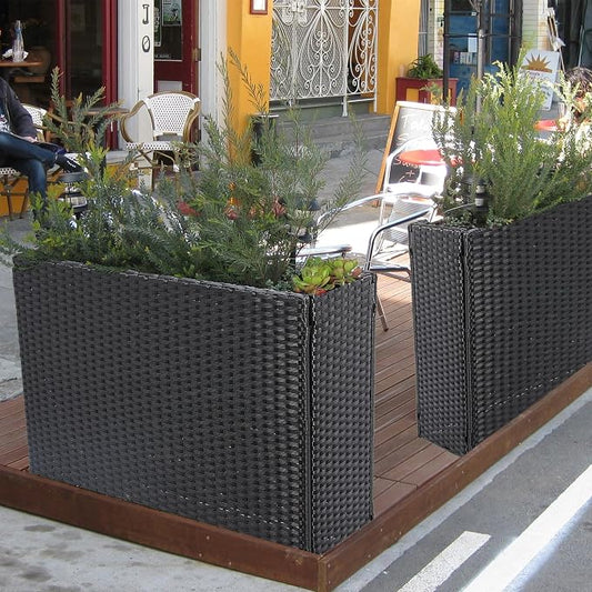HPC Decor Planters, Plastic Planter for Outdoor Plants Handmade Wicker Large Rectangular Block Planter Box with Removable Liners, Modern Planter for Indoor Outdoor Patio Porch Deck.