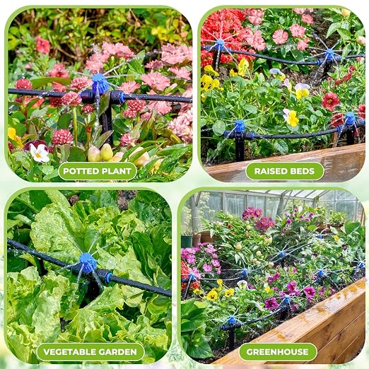HIRALIY 100FT Drip Irrigation Kit with Timer, Quick-Connect Garden Watering System with 80FT 1/4" Tubing, 20FT Main Hose, 24 Adjustable Drippers for Raised Beds, Lawn & Greenhouse