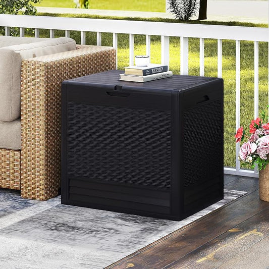 Tangkula 25 Gallon Waterproof Outdoor Storage Box with Lockable Lid | PP Resin, Wicker Patterned, Indoor Outdoor Use, Portable, Versatility, for Deck, Pool, Patio Cushions, Garden Tools