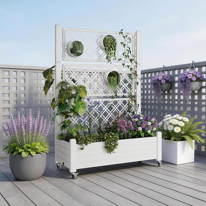 Fancyango Raised Garden Bed with Wheels 61.2" H -Ashen | Resin Elevated Garden Planter Box with Trellis, Outdoor Planter Box for Veggies Herbs Patio Balcony Backyard