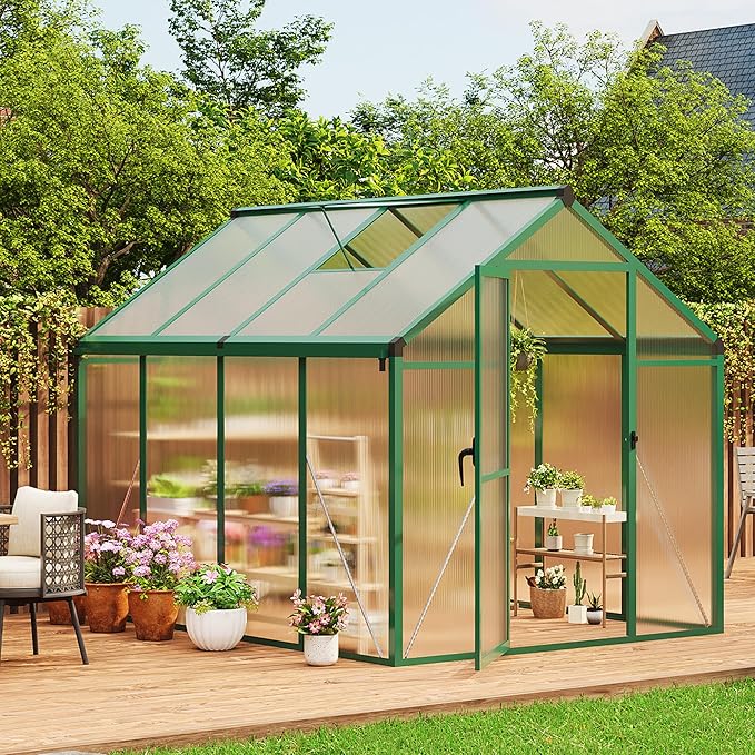 6x8 ft Walk-in Greenhouse, Polycarbonate Panels with Reinforced Aluminum Frame, Large Garden Green House for Planting and Seed Starting, Quick-Assembly Structure with Adjustable Roof Vent