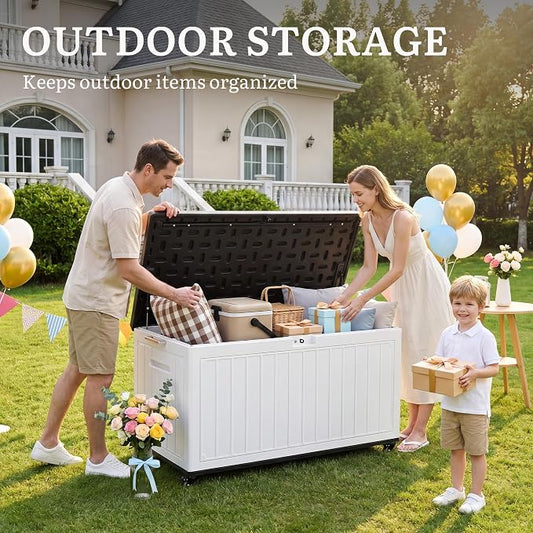 YITAHOME 90 Gallon Outdoor Storage Box with 6 Swivel Wheels & Dual Wooden | Large Double-Wall Resin Deck Box, Lockable Waterproof Patio Organizer for Furniture, Cushions, White & Black