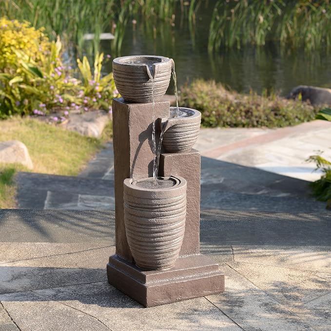 Teamson Home Horizontal Ribbed Pattern Outdoor Water Fountain, Warm Gray | Warm Glow Lighting, Adjustable Flow, Electric Pump