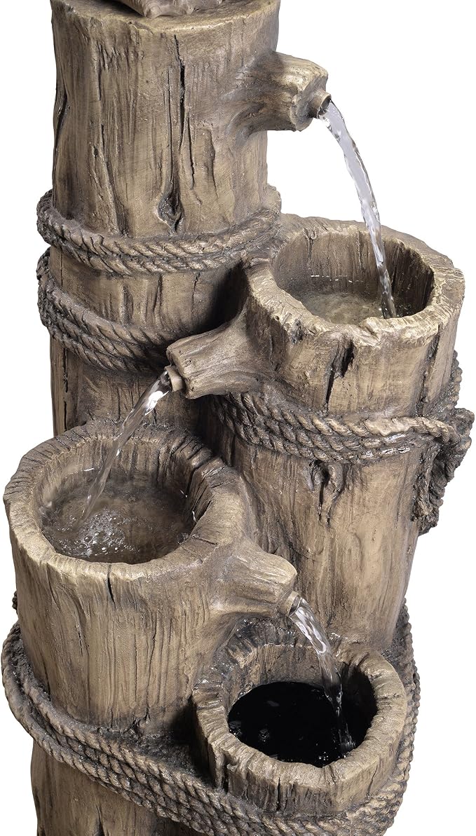 Teamson Home 35.42" 4-Tier Pelican and Driftwood Pier Post Outdoor Cascading Water Fountain, Brown | Pelican and Wooden Post, Pump for Outdoor Patio Garden Backyard Decking, 35 Inch Height, Brown