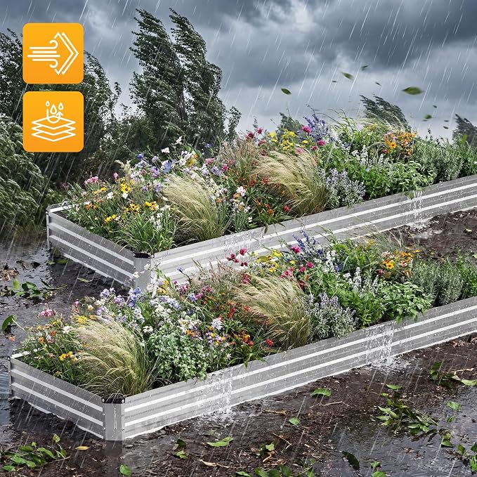 NEWBULIG Galvanized Raised Garden Bed Outdoor, 12x4x1ft 2 Pack Metal Planter Box for Gardening, Rust-Resistant Rectangular Raised Flower Bed for Vegetables Flowers Herbs, Open Bottom, Easy Assembly