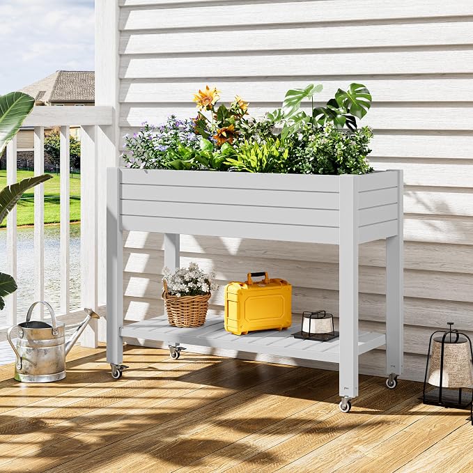 Elevate 33.7" Tall Raised Garden Bed with Wheels, Divisible Resin Planter Box with Drainage Gauge & Storage Shelf, Herb Planter for Garden Patio Backyard, Ashen (33.7" h)