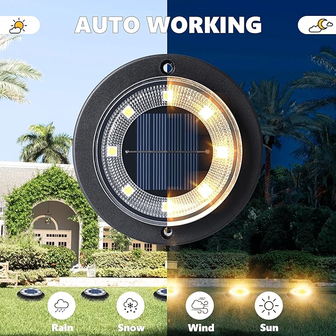Flacchi Solar Lights Outdoor Waterproof - 2-in-1 Solar Powered Ground Lights Outdoor Solar Disk Light Landscape Light for Deck Step Patio Yard Pathway Walkway Driveway Garden (Warm White, 8 Pack)