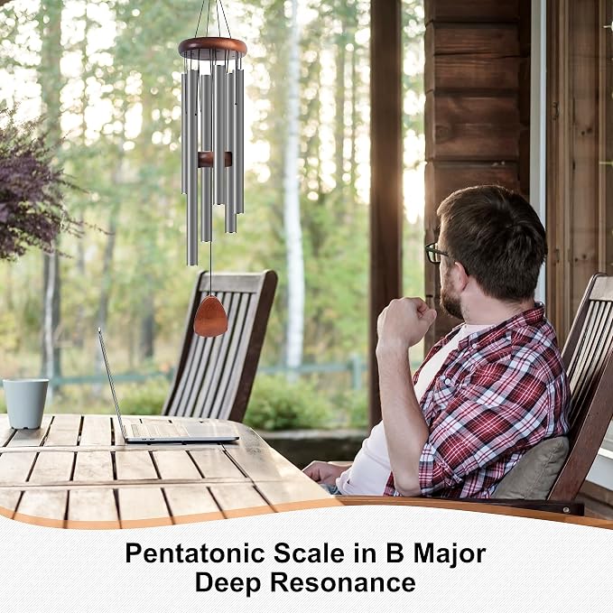 Bursvik Large Aluminium Wind Chimes 37 Inches to Create a Zen Atmosphere Suitable for Outdoor, Garden, Patio Decoration. Classic Wind Chimes with Wind Catcher Suitable as A Gift for Unisex,Silver Grey