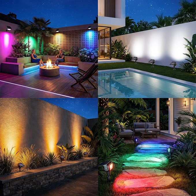 Brizled Solar Spot Lights Outdoor Landscape RGB Color Changing Spotlight | 360° Rotation Head; 9 Color & 11 Mode; IP65 Waterproof; Adjustable Height; Stake or Wall Mounted for Yard Tree Garden Pathway