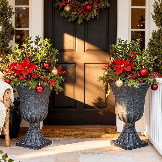 Autodaya 22" Handmade Washed Black Urn Planters Set of 2 Plastic Pots | Handmade Washed Black Finish, Large Weather-Resistant Planters for Porch, Garden, Patio, or Indoor Use