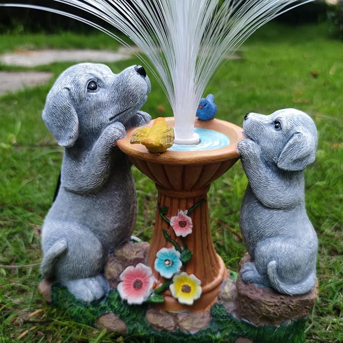 Solar Dog Statues Garden Decor with LED Lights -Resin Dogs Figurines Lights and Colour Changing Fiber Optical Light, Outdoor Decorations for Patio Yard Lawn Ornaments-Gifts for Housewarming