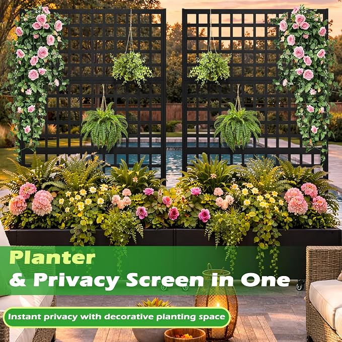 Metal Raised Garden Bed with Grid Trellis and Wheels, 43” L x 16” W x 71” H Privacy Screen for Climbing Plants, Metal Planter Box with Drainage Holes, Black