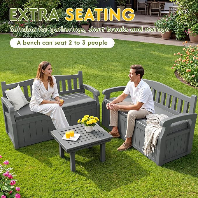 Greesum 80 Gallon Outdoor Storage Bench Deck Box with Cushion & Armrest, Lockable, Waterproof UV Resistant, Comfortable Seating for Patio, Pool, Garden, Grey