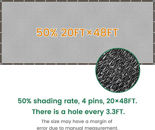Shade Cloth, 20FT X 48FT 50% Black Outdoor Woven Sun Shade with Grommets, Durable Breathable Netting Shading Antifreezing for Patio, Garden, DIY Home, Plants Cover, Greenhouse, Dog Kennel
