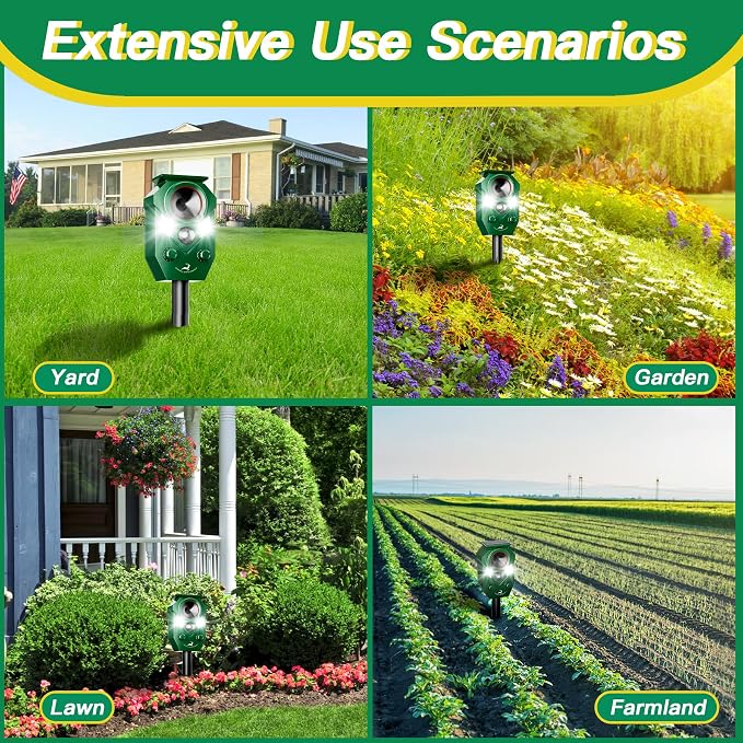 Solar-Powered Ultrasonic Animal Repellent with Motion Sensor, Perfect for Outdoor Yards, Deer Repellent Device with LED Flashing Lights, Effective to Repel Deer, Coyotes, Raccoons, and Cats