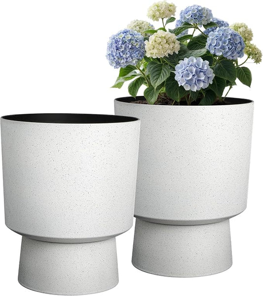 Autodaya 16.75" White Terrazzo Urn-Style Pedestal Planters Set of 2 | Modern 2-In-1 Pots with UV Protection for Indoor and Outdoor Plants, Garden, Patio, Balcony, or Entryway Decor