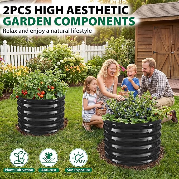 24" Diameter Round Raised Garden Bed - 17 Inch Tall, Heavy-Duty Galvanized Steel Planter Box with Wave-Shaped Panels for Vegetables, Herbs & Flowers (2, Black, 24 Inch Diameter)