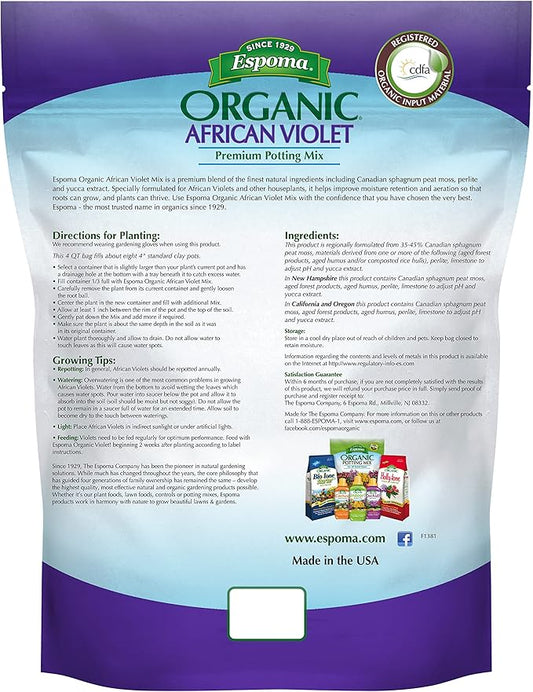 Espoma Organic Natural and Organic Premium Potting Soil Mix for African Violets and All Indoor Flowering Houseplants. for Organic Gardening. 4 Quart Bag