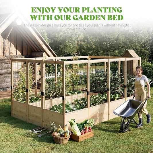 PaPaJet Wooden Raised Garden Bed for Outdoor, Deep Large Planter Box with Netting for Gardening, Vegetables, Flowers, Herbs(7.5× 11.8× 5.9FT)