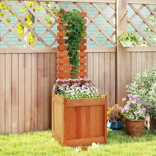 HAPPYGRILL Raised Garden Bed with Trellis, Outdoor Elevated Planter Box w/Trellis, Open-Ended, for Climbing Plant Vine Flower Vegetable, Freestanding Privacy Planters for Patio Yard, 16"x16"x48" (1)