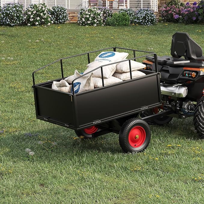 PeakPursuit Tow Behind Steel Dump Cart, Heavy Duty Yard Garden Trailer with Removable Sides & All Terrain Tires, Fits Lawn Mower, Tractor, Garden Cart, 750 lbs 17 Cubic Feet, Black