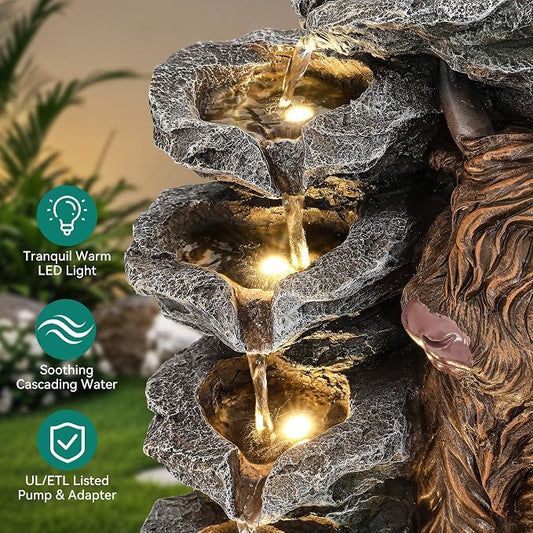 19" Highland Cow Outdoor Fountain with LED Lights | 5-Tier Charming Water Feature , Pastoral Resin Soothing Cascading Waterfall for Patio, Backyard, Garden or Porch