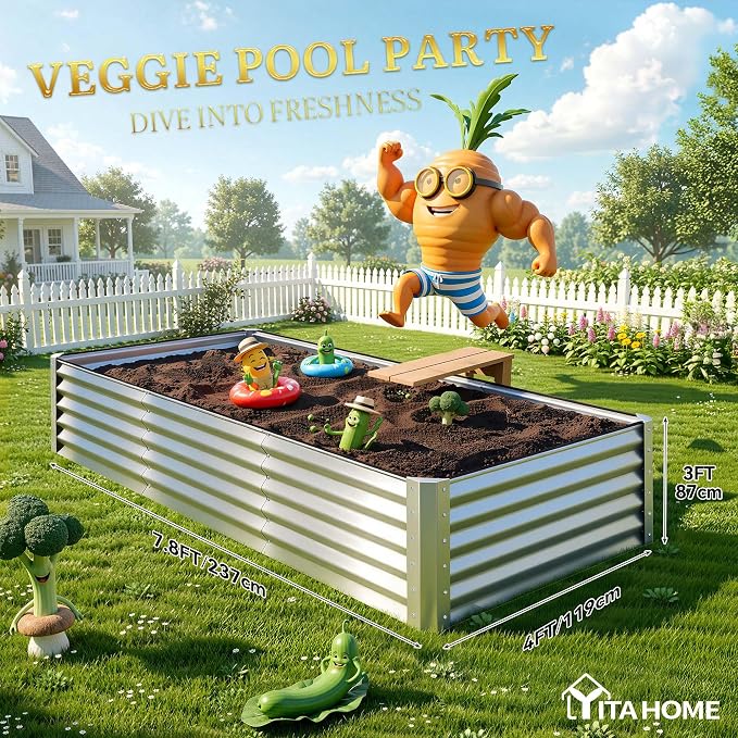 YITAHOME 8x4x3ft Large Raised Garden Bed Kit, Galvanized Metal Planter Box with Gloves, Support Rod & Safety Rubber, Outdoor Above Ground Planters for Plants Vegetables Flowers,Silver Gray