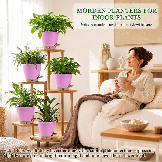 6 Inch Self Watering Pots for Indoor Plants(5-Pack) – Small Plastic Planters with Water Level Window, Drainage Holes & Trays, Indoor Outdoor Flower Pots for Herbs, Snake,Pothos (Dusty Lavender)