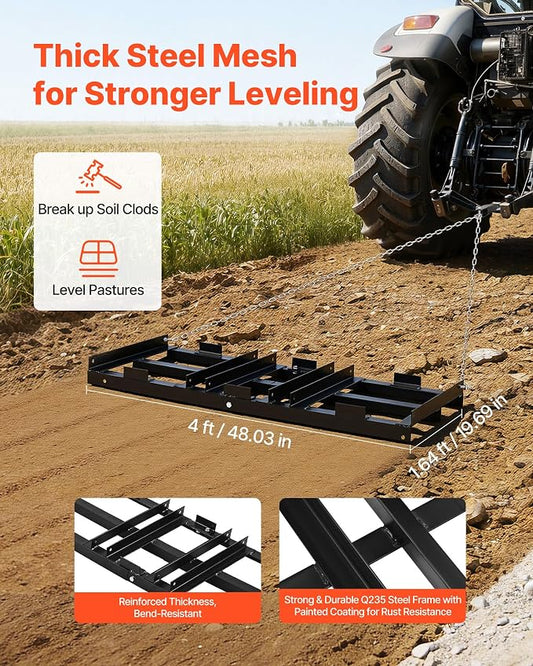 VEVOR Drag Harrow, 48 x 20 in, Tow-Behind Driveway Grader with Adjustable Width & 50lbs Load Capacity, Heavy Duty Lawn Leveling Rake, Galvanized Steel Gravel Driveway Drag, Fits ATVs UTVs Tractors